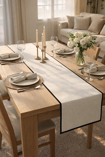 ŞAH TEXTILE DESIGN 40x200 Siyah biye detay organik yıkanmış premium keten runner