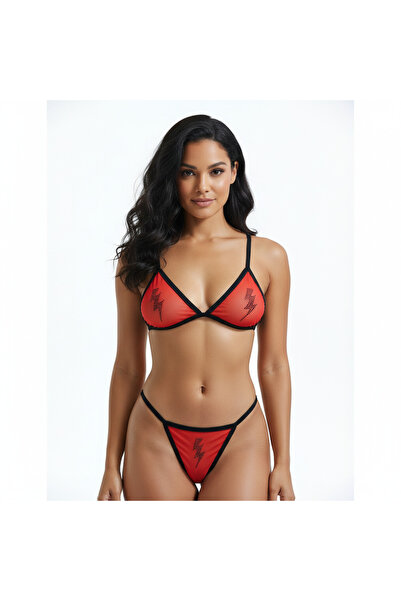 TWINTICKS Red Transparent Stone Embellished Lightning Motif Bralet & String B...