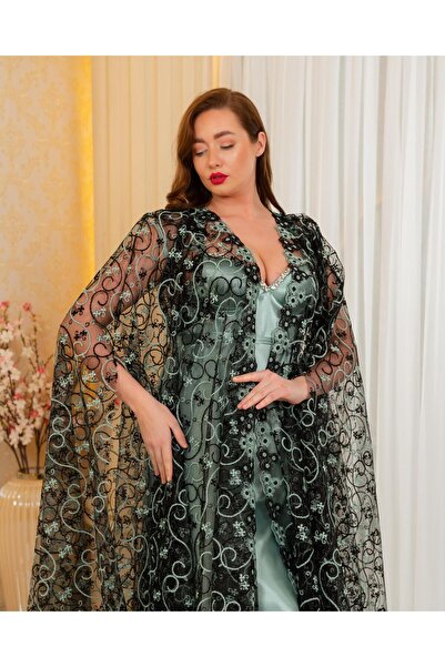 Limas lingerie روب صباحي طويل من قطعتين بتصميم خاص مع تفاصيل من الدانتيل والأ...