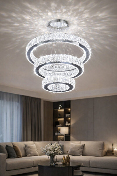 M Mediyamu Aydınlatma Kristal Taşlı 3 Renkli Ledli Kumandalı 50 cm Gümüş Salo...