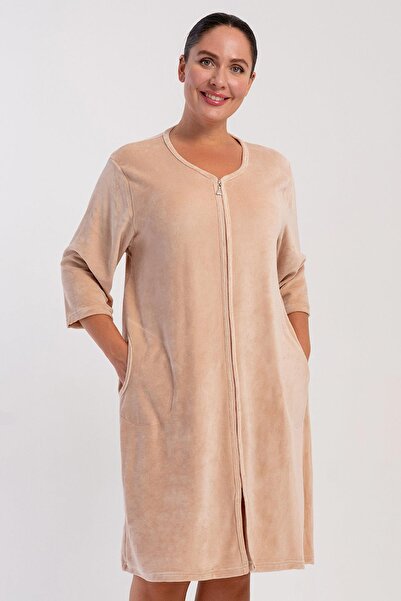 VİENETTA Women's Plus Size Velvet Capri Sleeve Zippered Ecru Home Dress C8T7N...