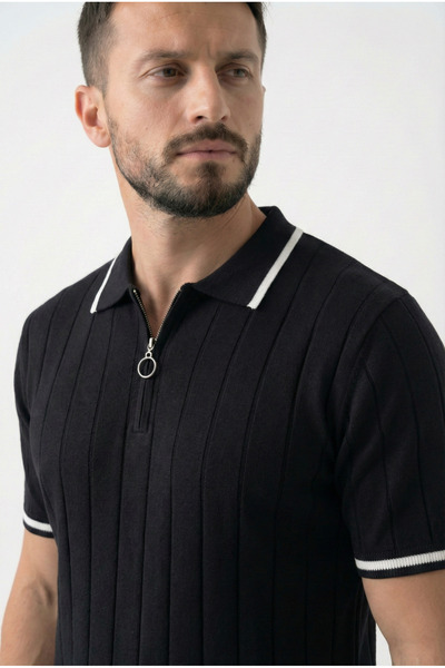 Erkek Polo Yaka Fermuarlı Şerit Detaylı Kısa Kollu Fitilli Basic Örme Triko T-shirt