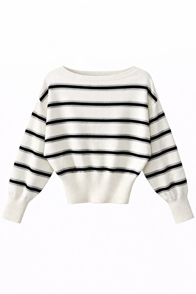Mixray 6988 Women's Asymmetrical Rib Cut Boat Neck Knit Sweater Light White