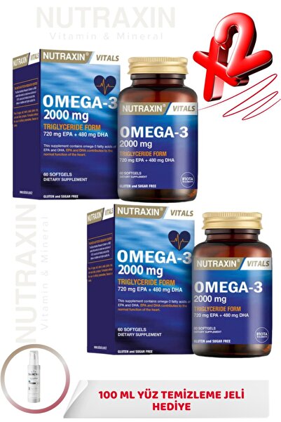 Nutraxin Omega-3 Balık yağı 2000 mg 60 Kapsül 2 ADET + 100ml Yüz Temizleme Je...
