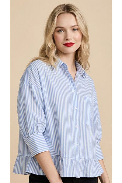 Matcha Butik Women's Ruffled Striped Design Shirt - Light Blue
