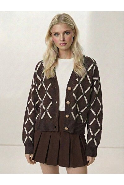 LUMİ Baklava Patterned Bird Figured Buttoned Knitwear Cardigan –