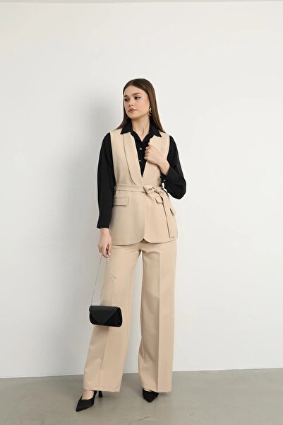 Swass Violet Belted Vest and Palazzo Trousers Set Beige