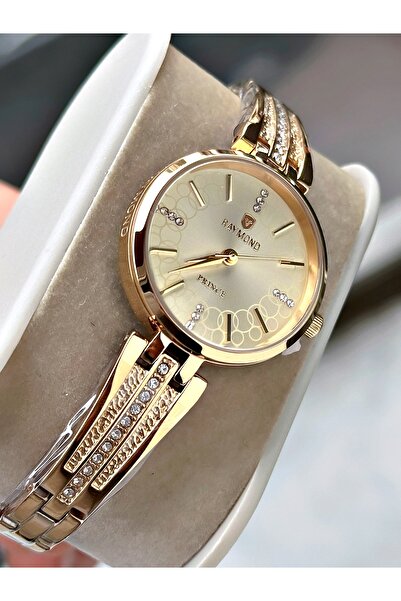 Raymond Altın Renk Taşlı Fantazi Şık Model Çelik Orjinal Kadın Kol Saati + Bİ...