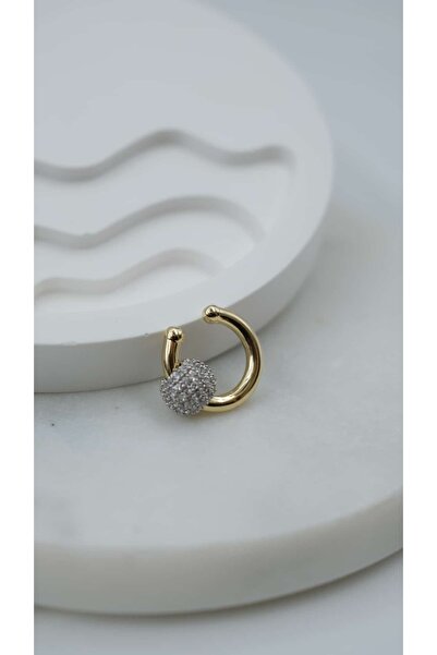Jerie Gold Zirkon Taş Topçuk Detaylı Earcuff Kıkırdak Küpe