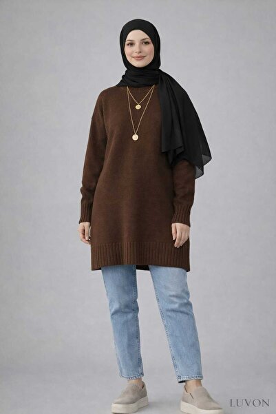 LUVON zarafet güvenle başlar Brown Crew Neck Oversized Knitwear Sweater Tunic