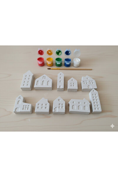 dudugift Taş Tozu Boyama Seti- Mini Şehir - 10'lu Set + 6 Ana Renk Boya+Fırça