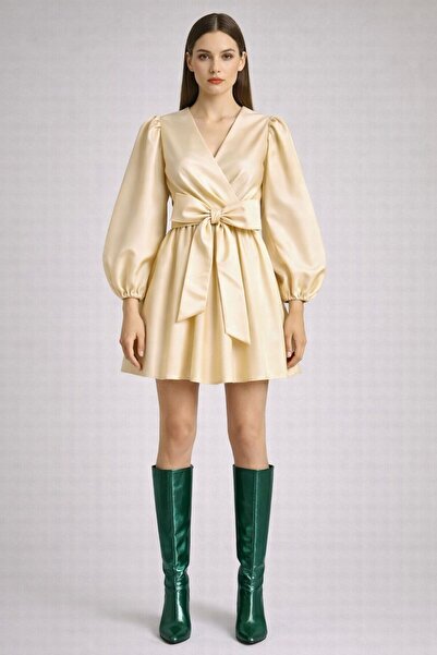 UNTIMELY Balloon Sleeves & Double Breasted Closure Taffeta Mini Dress