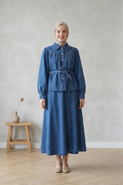 Kirazgym Women's Belted Front Buttoned Skirt Blouse Jeans Set Indigo