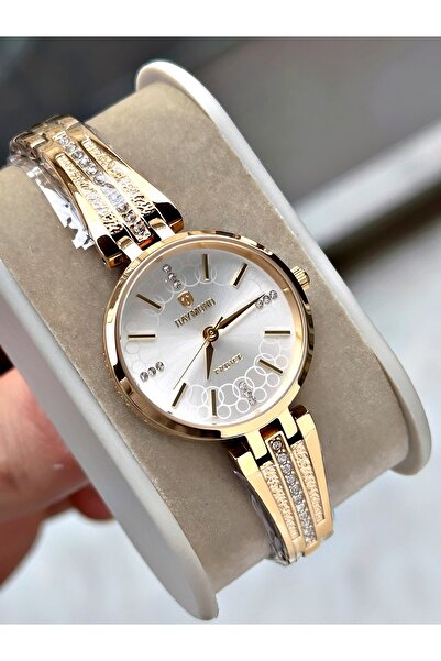 Raymond Altın Renk Taşlı Fantazi Şık Model Çelik Orjinal Kadın Kol Saati + Bİ...