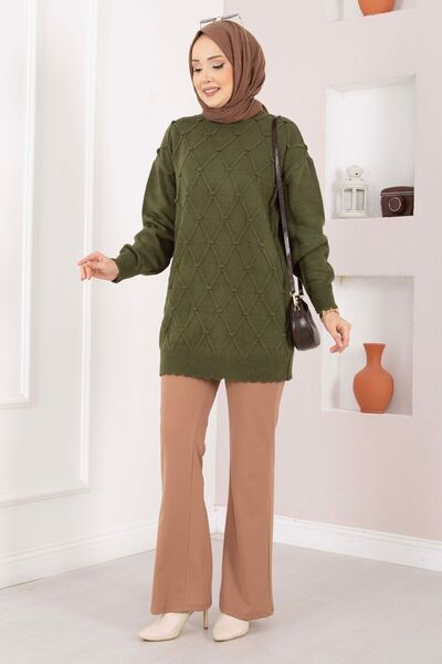 EBRUTESETTÜR Baklava Pattern Pompom Detailed Knitwear Sweater Khaki