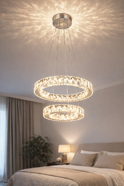 M Mediyamu Aydınlatma Kristal Taşlı 3 Renkli Ledli Kumandalı 40 cm 2 Katlı Kr...