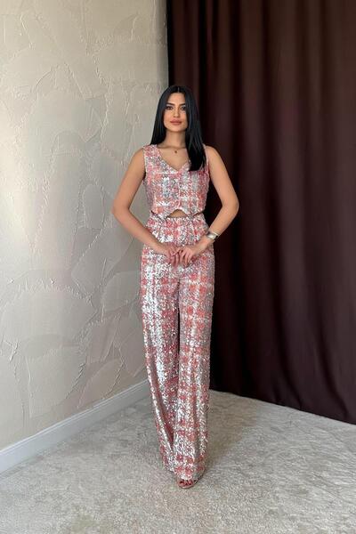 Leina Payetli Şık Yelek Pantolon Takım