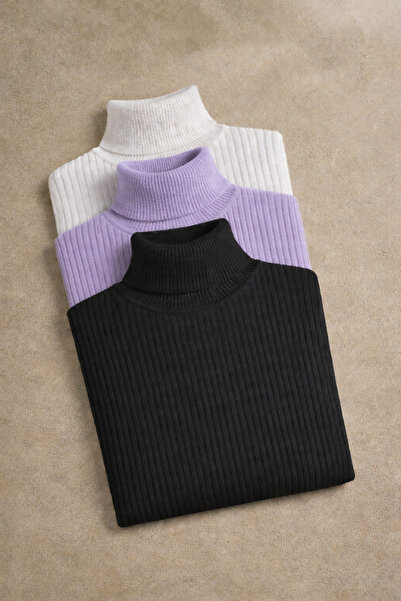 Trendy Mall 3-Piece Black White Lilac Turtleneck Sweater Seasonal Savior Piec...