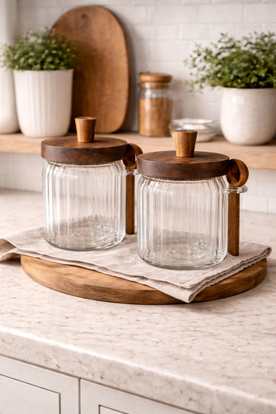 Evila 2 Pieces 450 ml Glass Spice Jar with Acacia Wood Lid and Spoon Detailin...