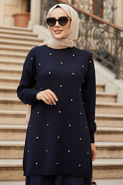 N.S NEVA STYLE Bead Detailed Navy Blue Hijab Knitwear Sweater 10138L