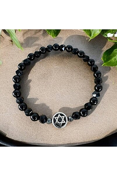Ezera Elastic Bracelet for Men Brett from Onyx with Hematite and Star of Davi...