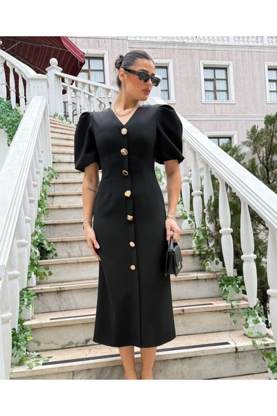 Pulli Collection Gold Buttoned Midi Length Balloon Sleeve Stylish Dress