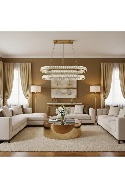 Elizim Home Lighting Kristal elips 2 katlı gold ledli avize
