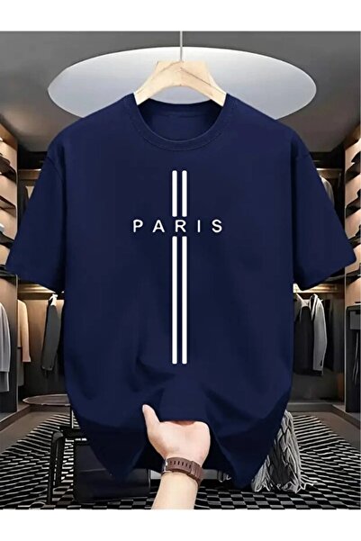 CROFT Lacivert Paris Baskılı Oversize Bisiklet Yaka T-Shirt