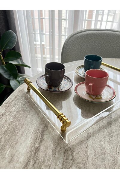 PLEKSİ ORGANİZER Altın Renk Kulplu Şeffaf Pleksi Sunum Tepsisi