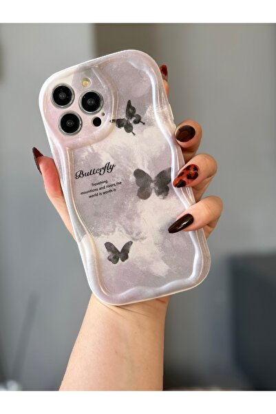 MİRAZ TASARIM غطاء كريمي اللون بنمط الفراشة لهاتف آيفون 15 برو