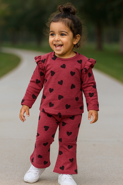 MODA Kalpli Kız Çocuk Eşofman Takımı %100 Pamuk 2’li Günlük & Pijama Set Bord...