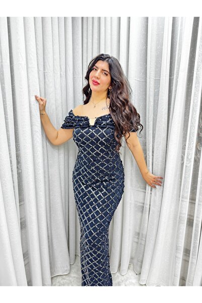 Rosina Navy blue evening dress with a silver embellishment top and an interlo...