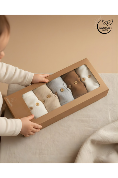 eradkids 100% Organic Cotton 5-Piece Baby Bodysuit Set – Natural Ribbed, Wood...