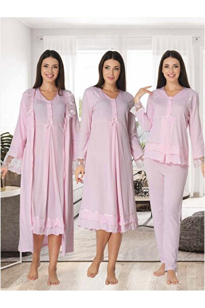 Lohusa Homewear Women's Pink Lace Stylish Long Sleeve Design Dressing Gown Ni...