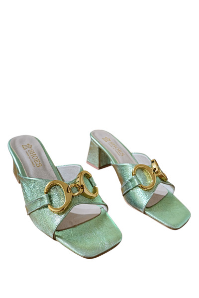 BARONES SHOES Women's Metallic Green Genuine Leather Gold Buckle Thick Heel S...