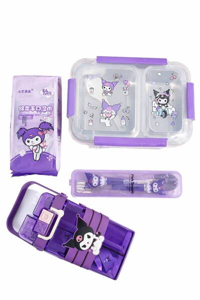 LARINNA Kuromi seti (matara suluk-Çatal Kaşık-Islak mendi 1 paket 8*8- Paslan...