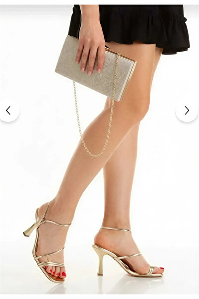 MFT AYAKKABI Women's Summer Gold Faux Leather Heeled Shoes and Bag Set