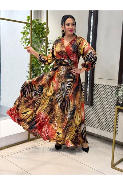 live forever Patterned Double Breasted Collar Long Sleeve Plus Size Evening D...