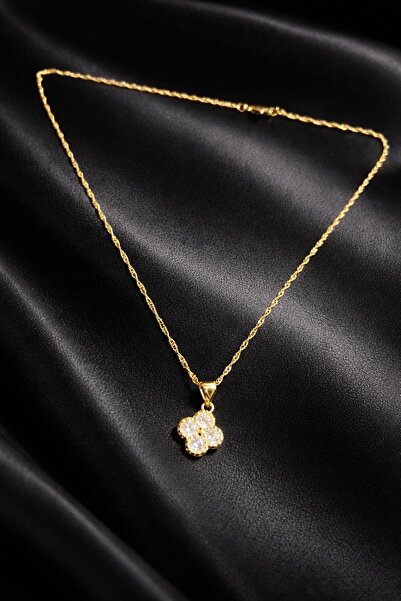 B&B Jewerly Şans Yoncası Taşlı Gold Kolye   modeli