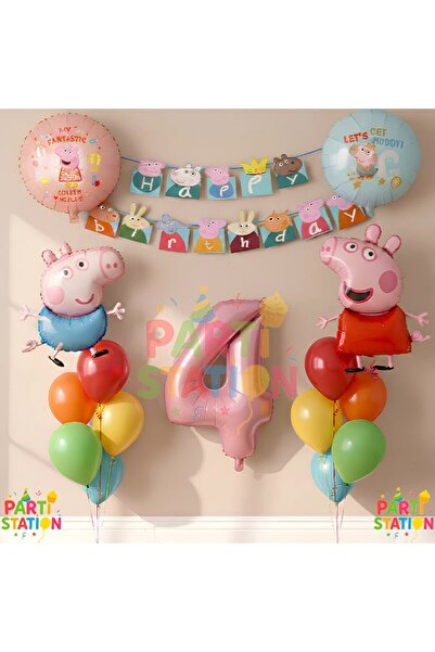 Parti Station Peppa Pig & Peppa George Konsept 4 Yaş Folyo Balon Seti – 16 Pa...