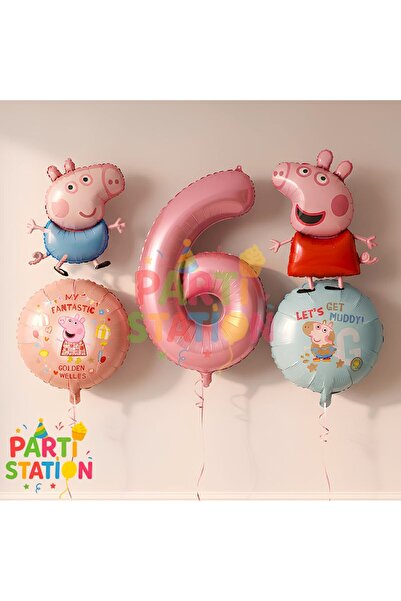 Parti Station Peppa Pig & George Konsept 6 Yaş Folyo Balon Seti Doğum Günü Seti