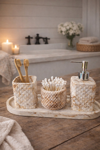 lufen deco Mermer Desenli kahverengi 4’lü Banyo seti Dekoratif Aksesuarları S...