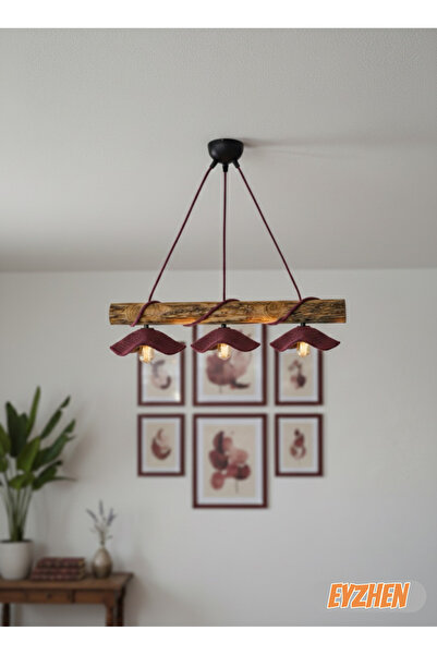 Eyzhen Bohem Tarz Bükülebilir Bordo 3 Lü Eskitme Sarkıt Ahşap Avize Şekil Ver...