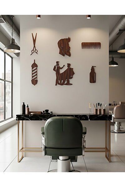 İHRA Berber Temalı Ahşap Duvar Dekoru Erkek Kuaförü Dekoratif Tablo