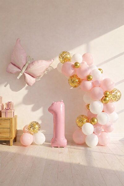 Patladı Gitti Butterfly Themed Pink 1St Birthday Balloon Set – Pink Gold Ball...