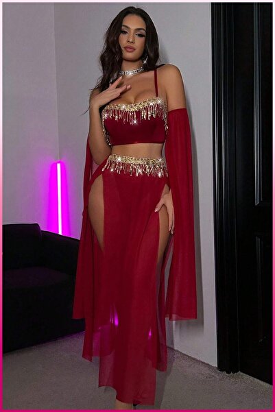 DFADSKANK Bordo Pul Aksesuarlı Tül Etekli Kadın Seksi Gecelik