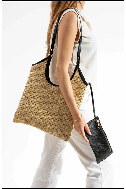 ÖZÜM TAKI Women's Straw Tote Large Size Shoulder Bag Black