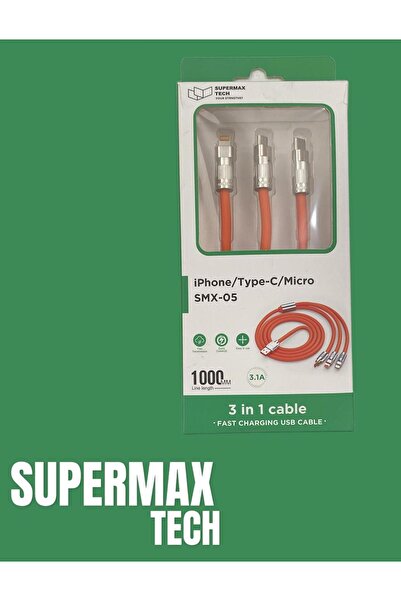 SÜPERMAX Supermax universal 3 lü kablo Type-c/lightning/micro çoklu şarj kabl...