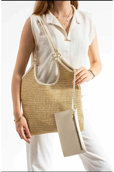 ÖZÜM TAKI Women's Straw Tote Large Size Shoulder Bag Cream