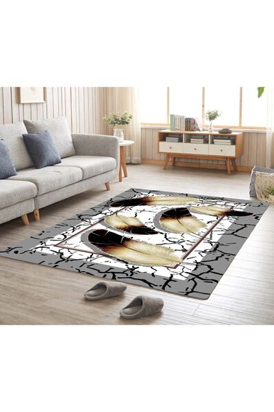 trendyhome Anti-Slip Rug, Feather Design, Grey/Cream/Black